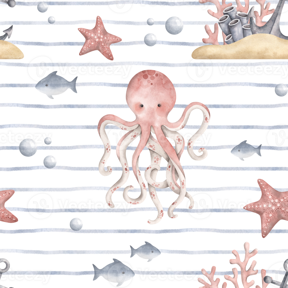 Under the sea. Watercolor hand-drawn seamless blue stripe pattern with octopus, anchor, coral, seaweed, fish and bubbles. Animals and plants of the underwater world. Cute cartoon print for kids. png