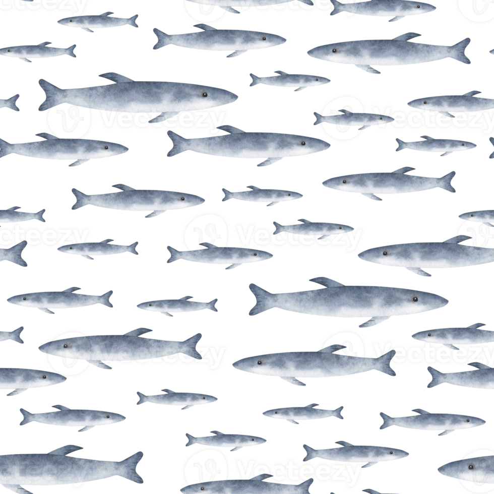 Under the sea. Watercolor hand-drawn seamless pattern with blue flock of fish. Animals and plants of the underwater world. Cute cartoon print for kids. png