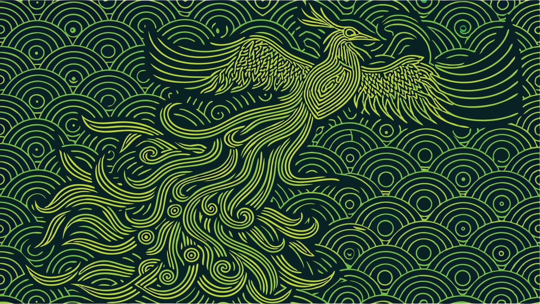 Neon green phoenix bird illustration with circle pattern background design image graphic vector