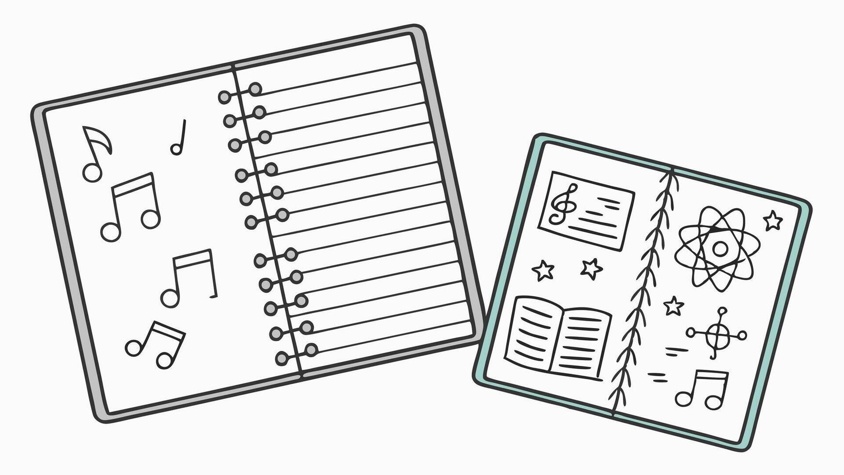 Two open notebooks showcase creativity one with musical notes the other with science symbols stars and an open book vector