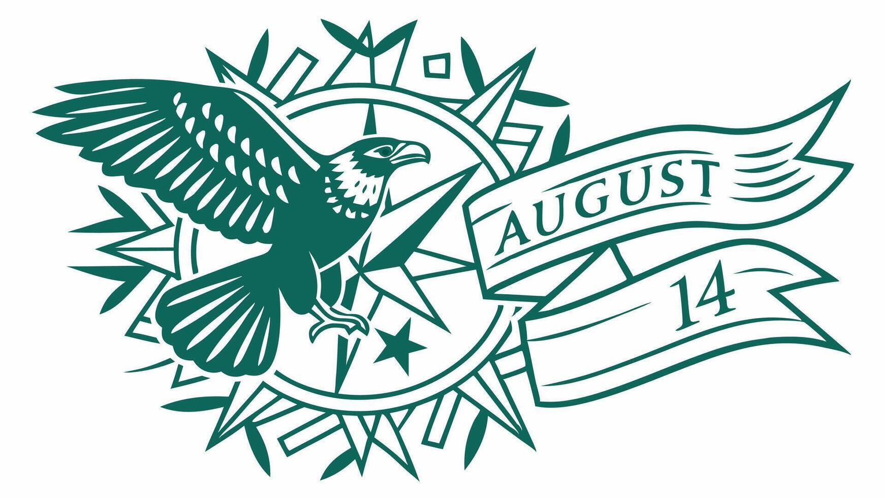 Majestic eagle soaring above compass rose August 14th design teal green art vintage style graphic symbolic vector