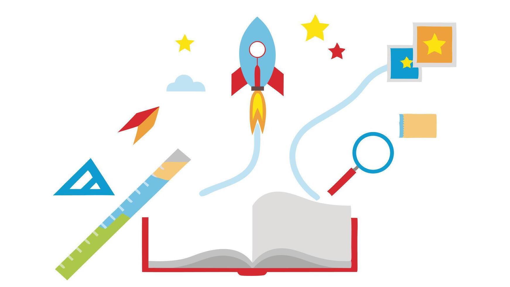 Inspiring Education Illustration Featuring a Rocket Launching from an Open Book Surrounded by Learning Tools like Ruler, Magnifying Glass and Stars Symbolizing Knowledge and Success vector