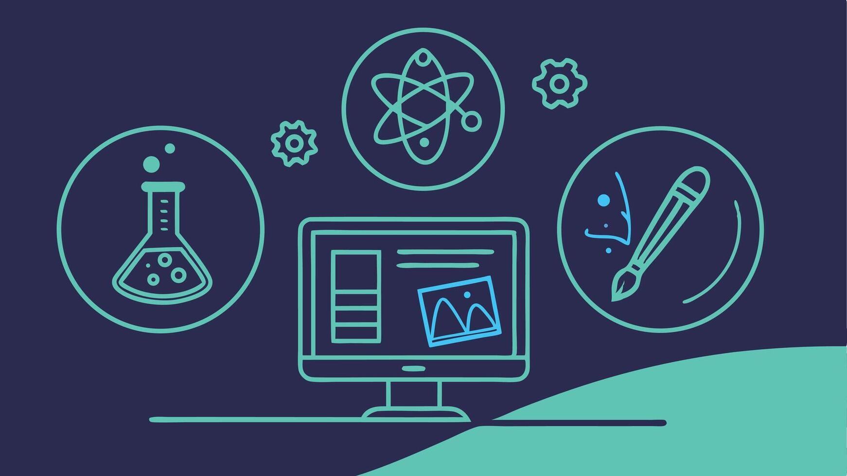 Unleash Your Creativity Science Art Design Software a vibrant teal dark blue visual with computer screen atom beaker vector