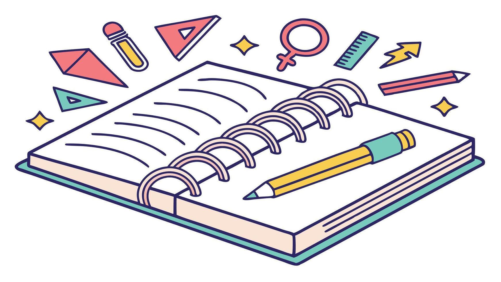 Open spiral notebook ready for ideas with pencils ruler and geometric shapes playfully surrounding it bright colorful vector