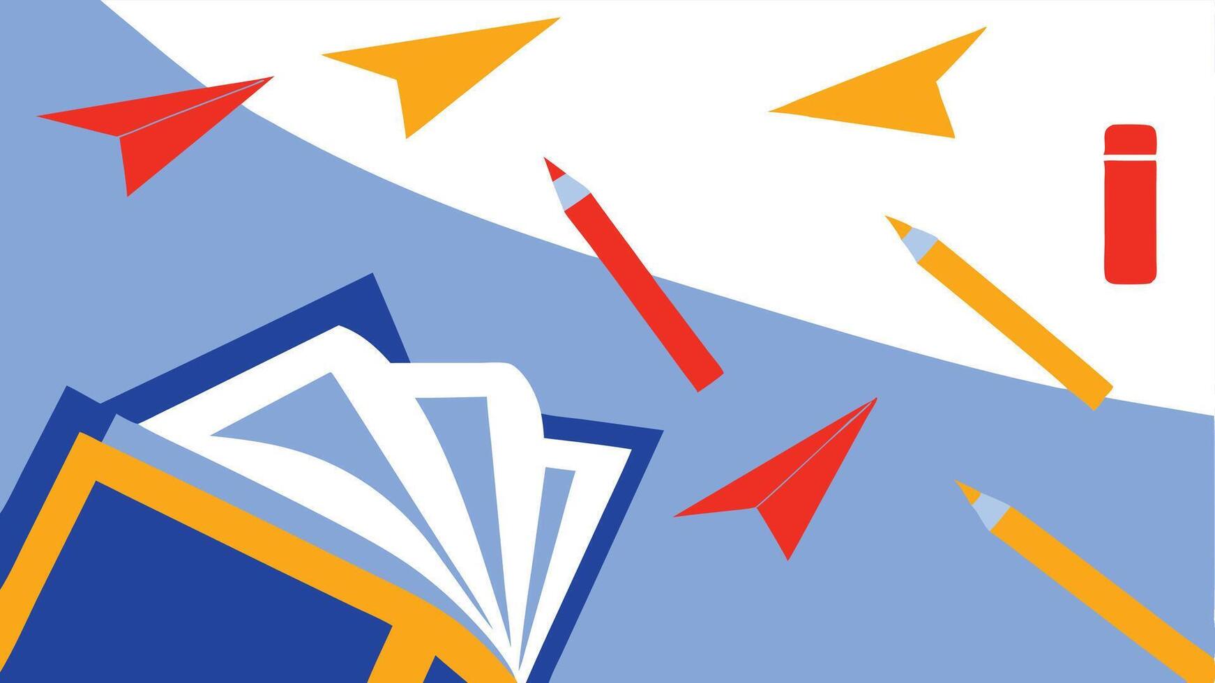 Open book pencils paper airplanes soar A vibrant back to school image with bright colors and playful design elements vector