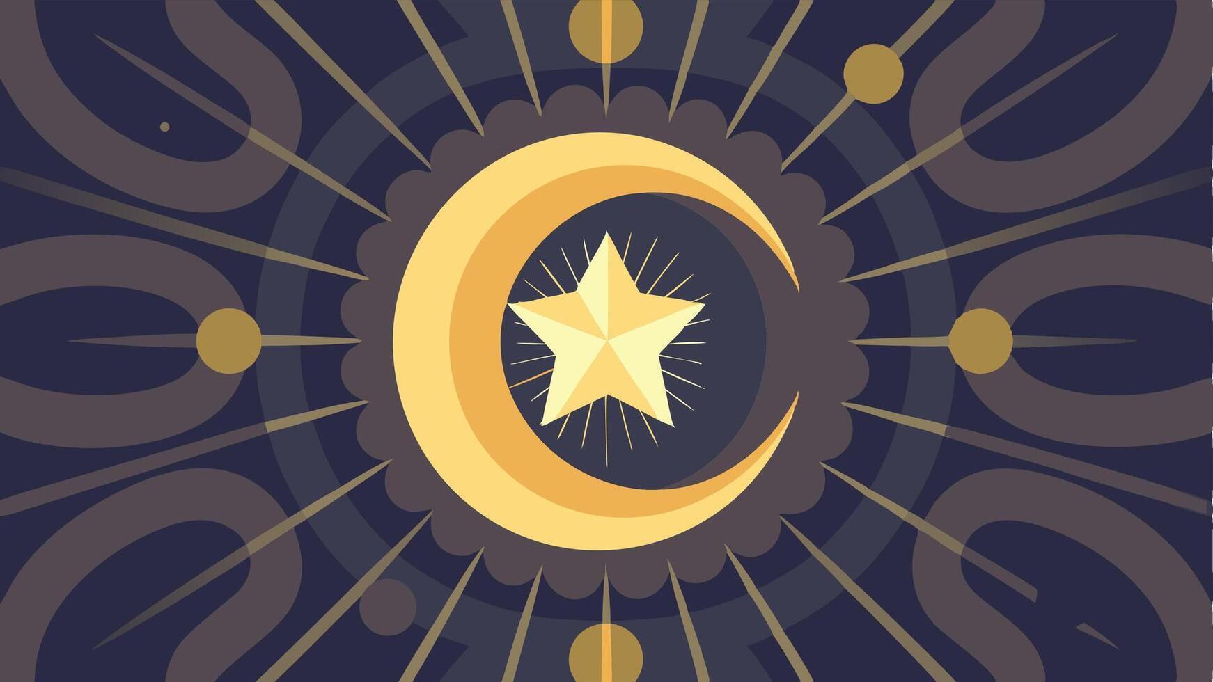 Celestial crescent moon and starburst design mystical night sky golden hues dark background radiant star decorative art vector
