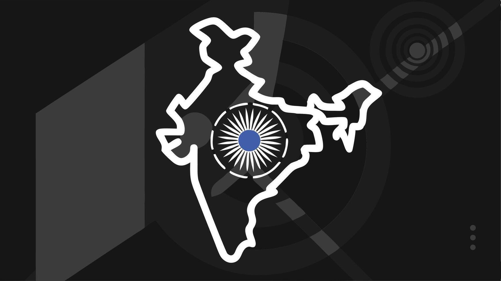 India map graphic design blue Ashoka Chakra center dark background white outline modern tech style simple clean vector