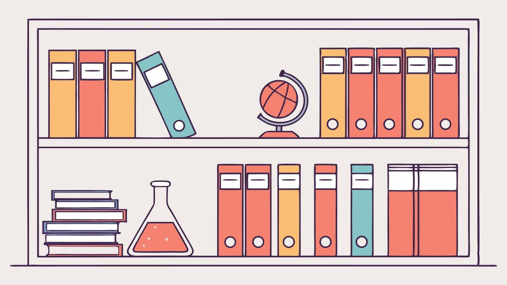 Illustration of bookshelf with books binders globe and flask for education and study concept vector