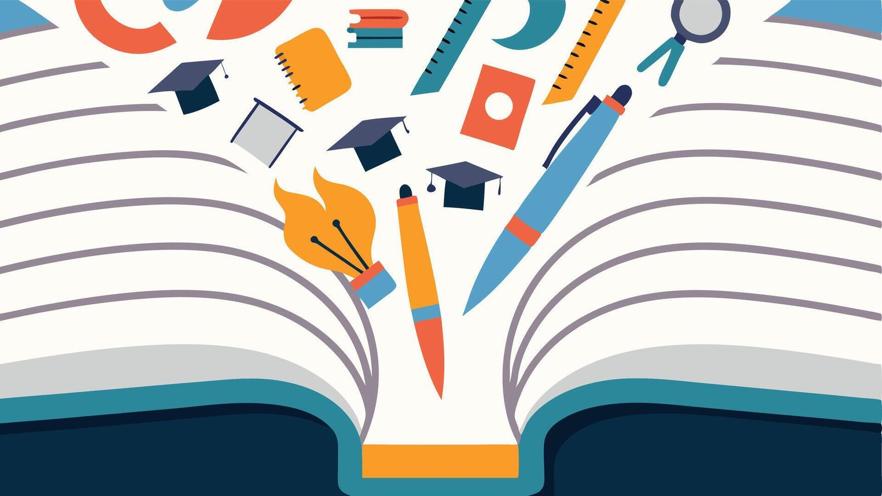 Open book bursting with knowledge graduation caps pens rulers and a lightbulb idea vibrant flat design style vector