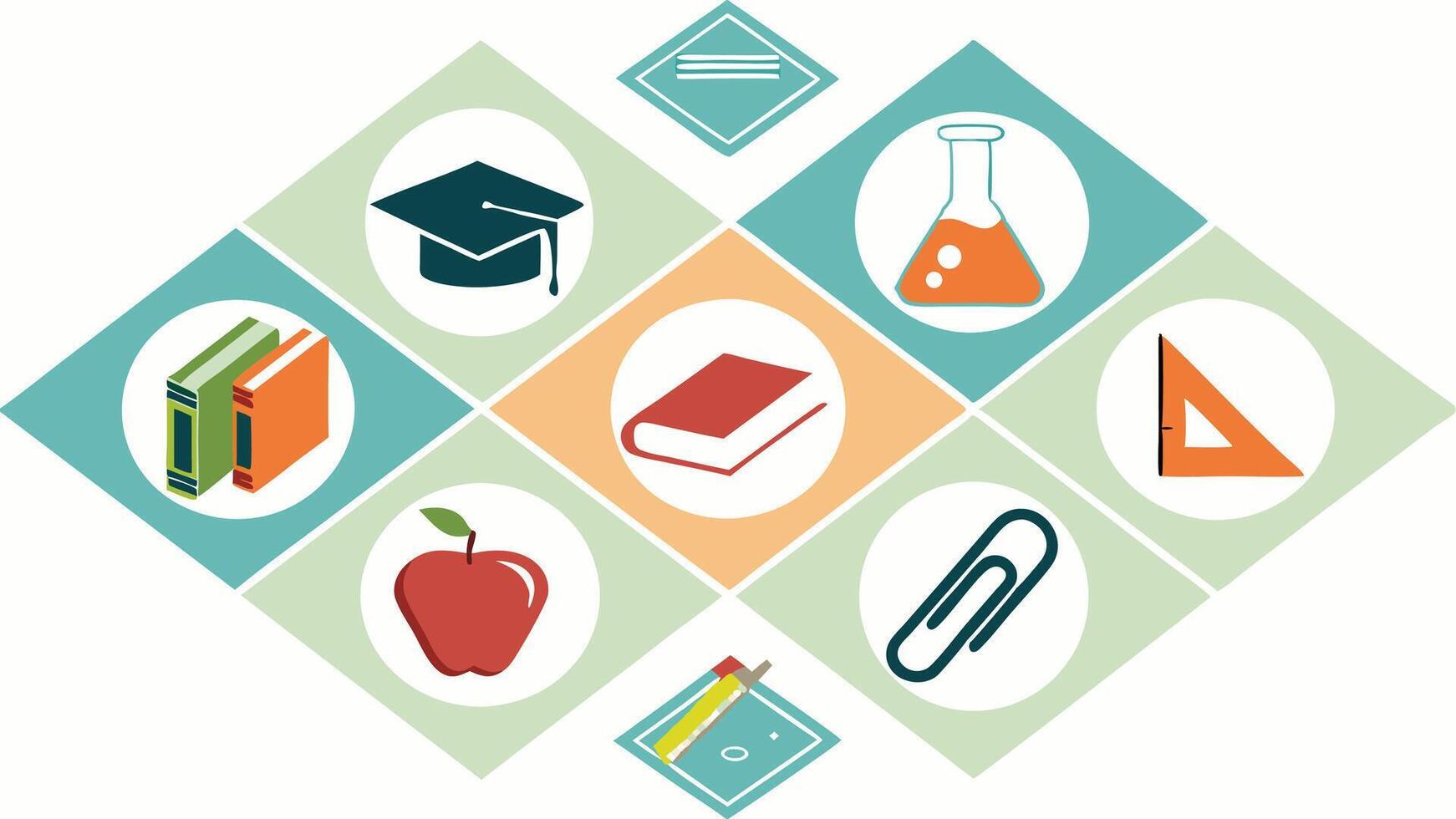 Back to School Colorful Illustration of Education featuring books apple graduation cap beaker and more Flat design vector
