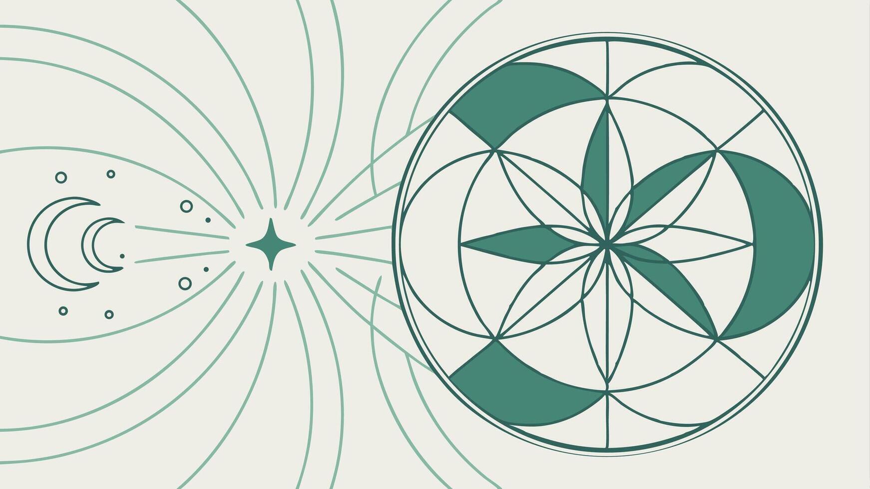 Celestial Alignment Sacred Geometry Moon Phases Star Burst Subtle Green Tones and a Mystic Design vector