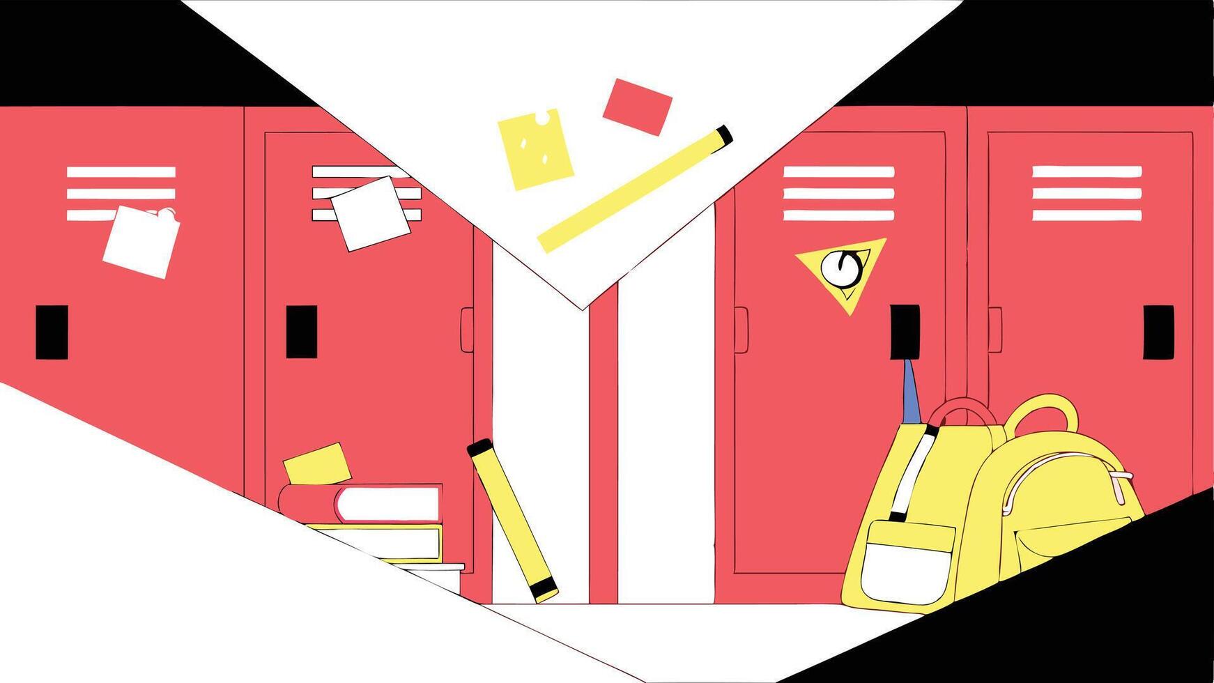 Back to school excitement Red lockers yellow backpack books and notes create a vibrant fun school hallway scene Flat vector