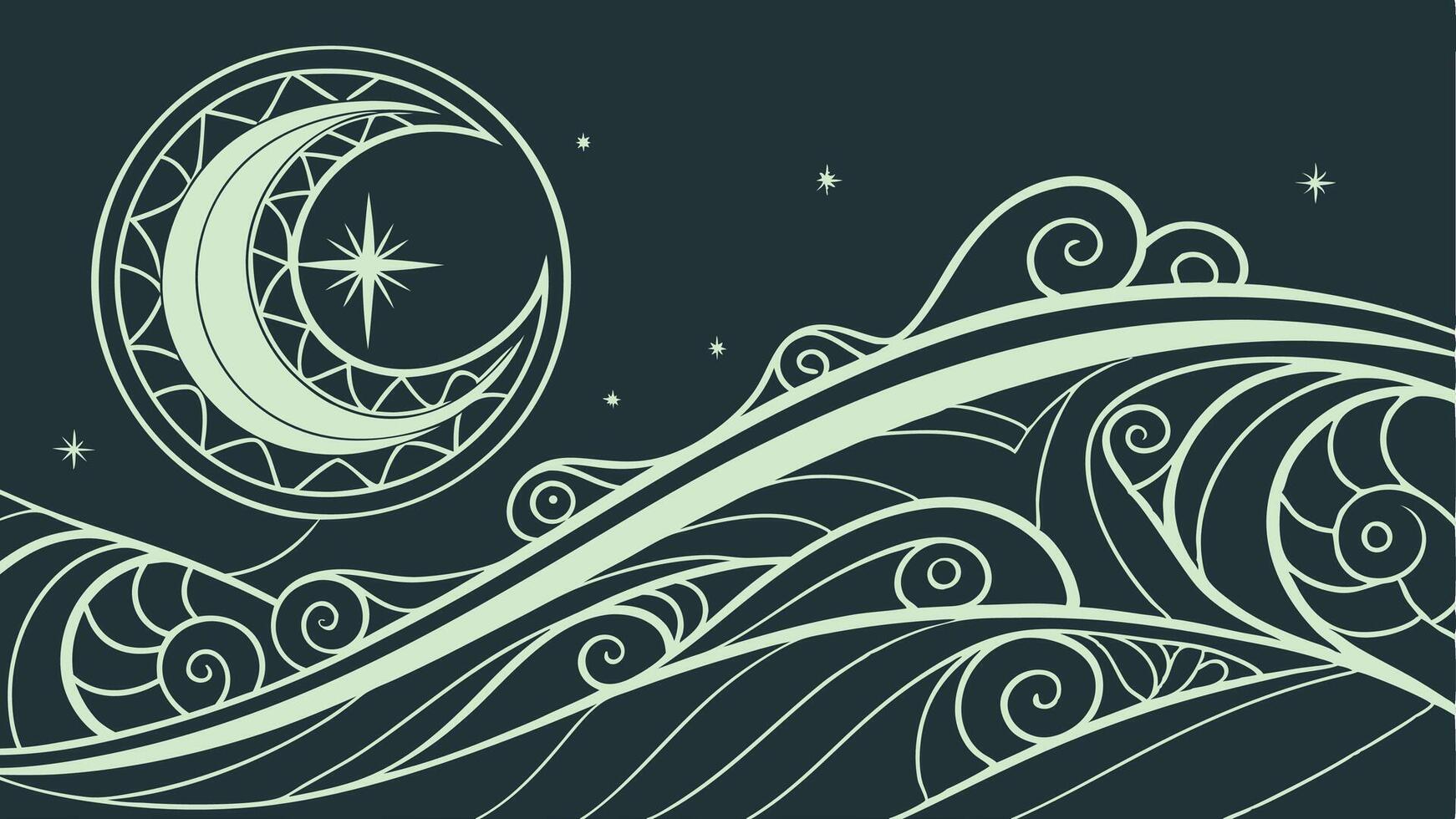 illustration of moon stars and ocean waves night sky background decorative design graphic art vector