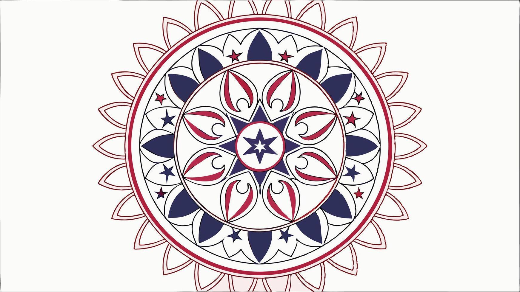Circular mandala design with stars and floral elements in red white and blue color scheme graphic vector