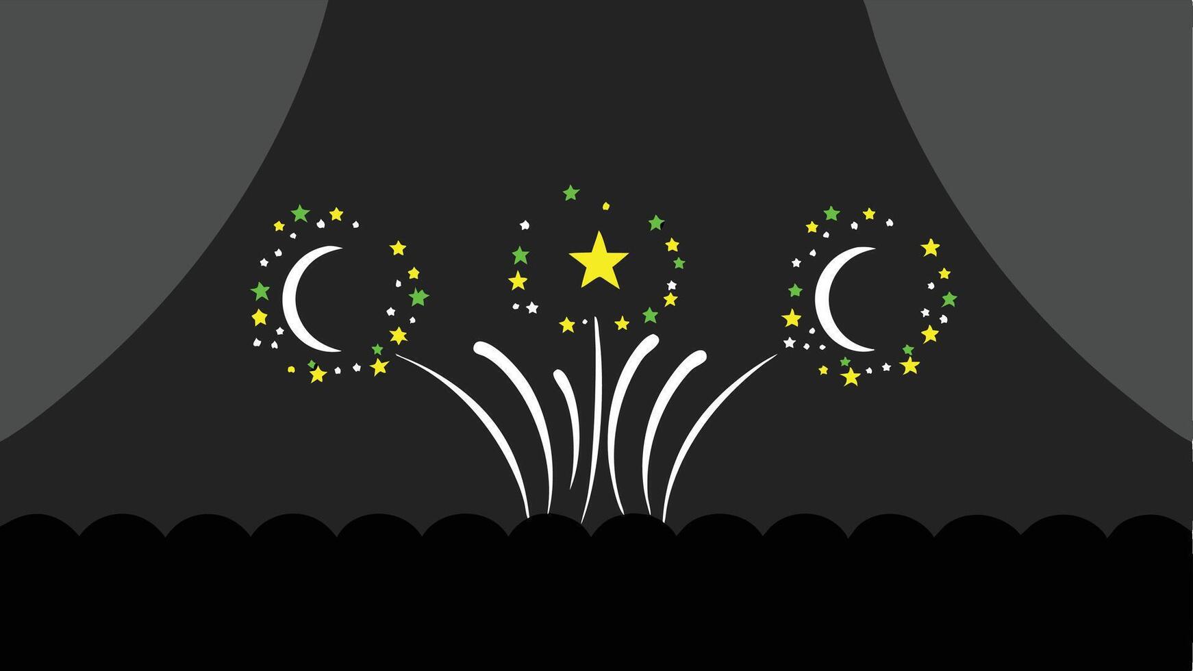 Fireworks display with moons and stars on black background for celebration and holiday events scene vector
