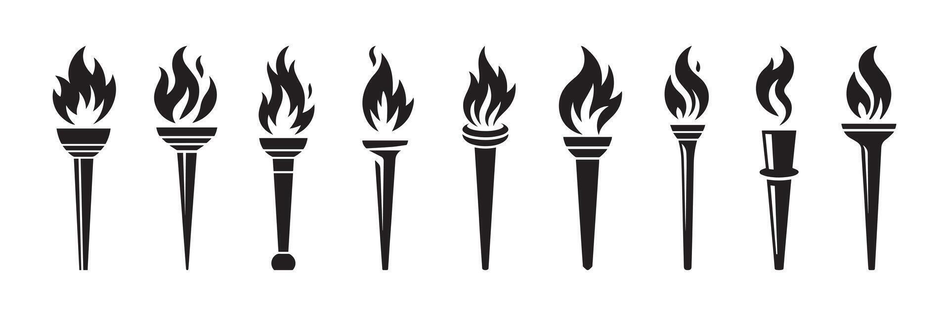 Various Stylized Torch Icons with Flames Depicting Symbol of Light Power Spirit in Silhouette vector
