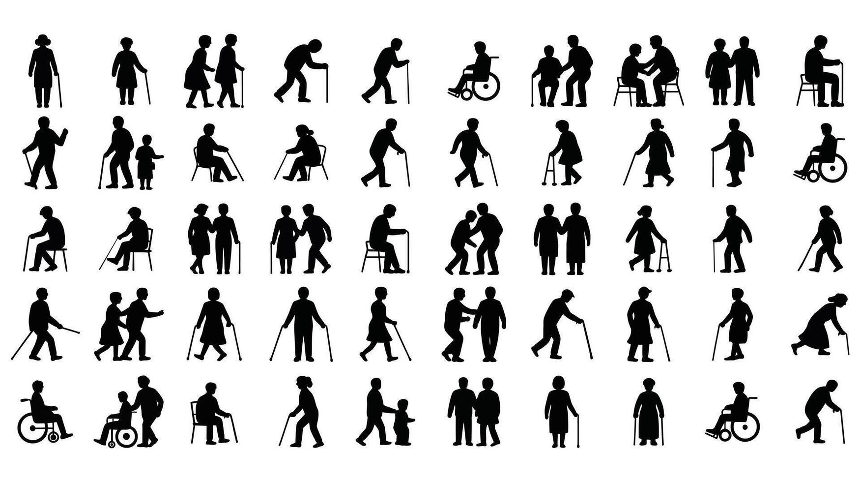 Elderly People and Disability Support , Icons Set Old Age, Wheelchair, Walking Stick, Caregiver, Sitting and Standing Poses Silhouette Illustrations vector