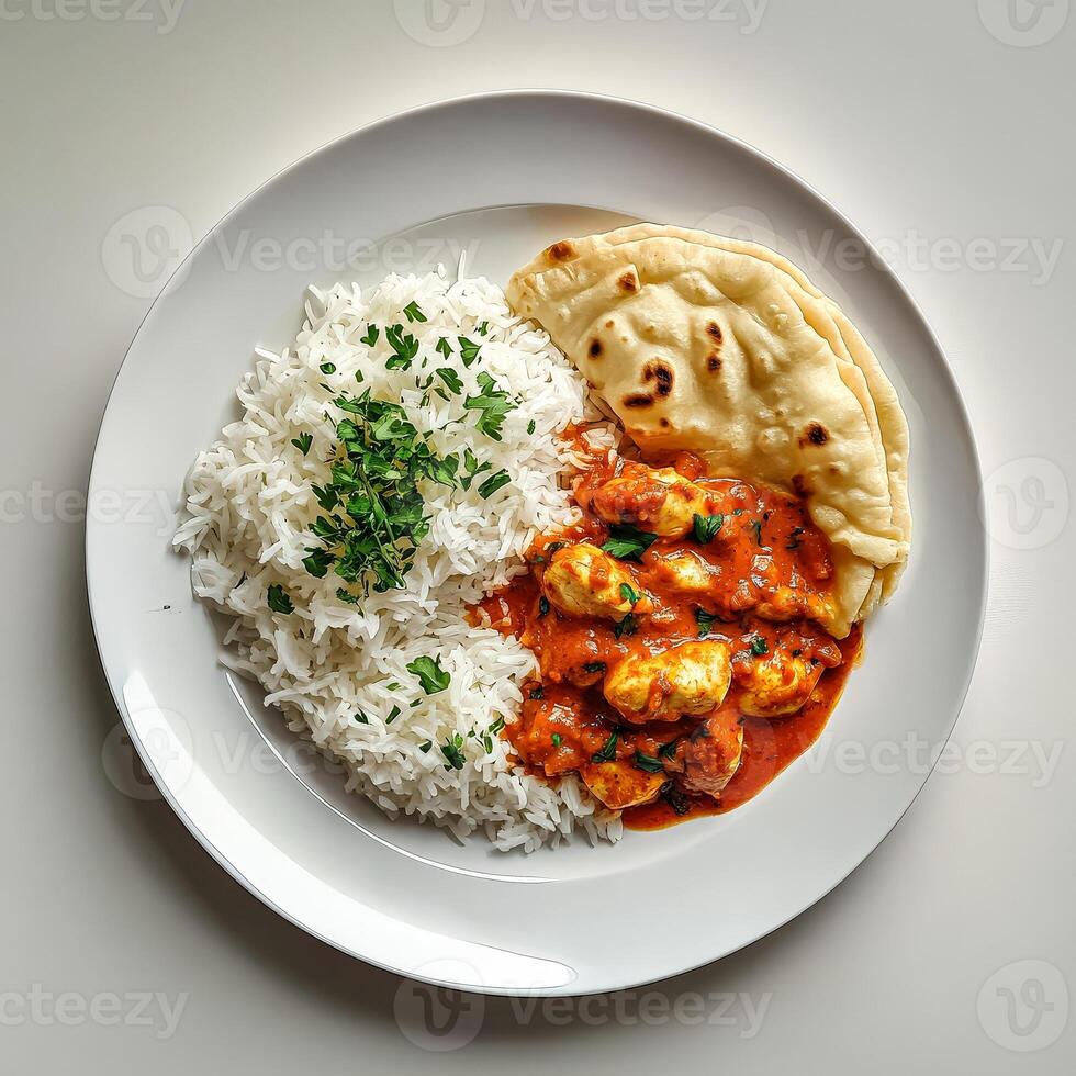 Plate of food with rice, meat, and a tortilla photo