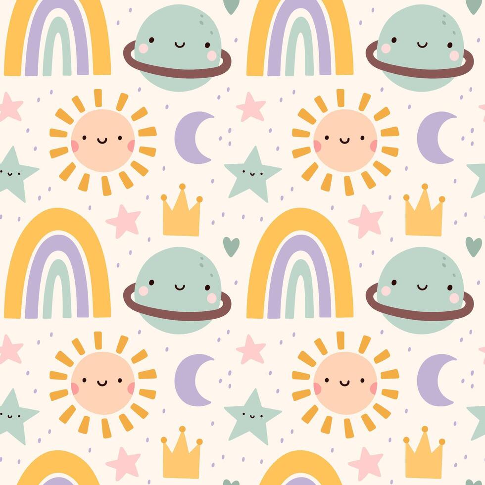 Cute seamless pattern with childish doodles in pastel colors - rainbow, stars, planets and sun. hand-drawn flat illustration. Perfect for print, wrapping paper, wallpaper, fabric, textile. vector