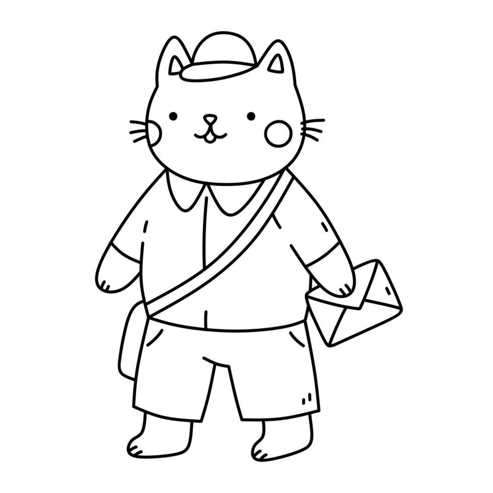 Cute postman cat with a letter isolated on a white background. hand-drawn illustration in doodle style. Perfect for decorations, logo, various designs. vector
