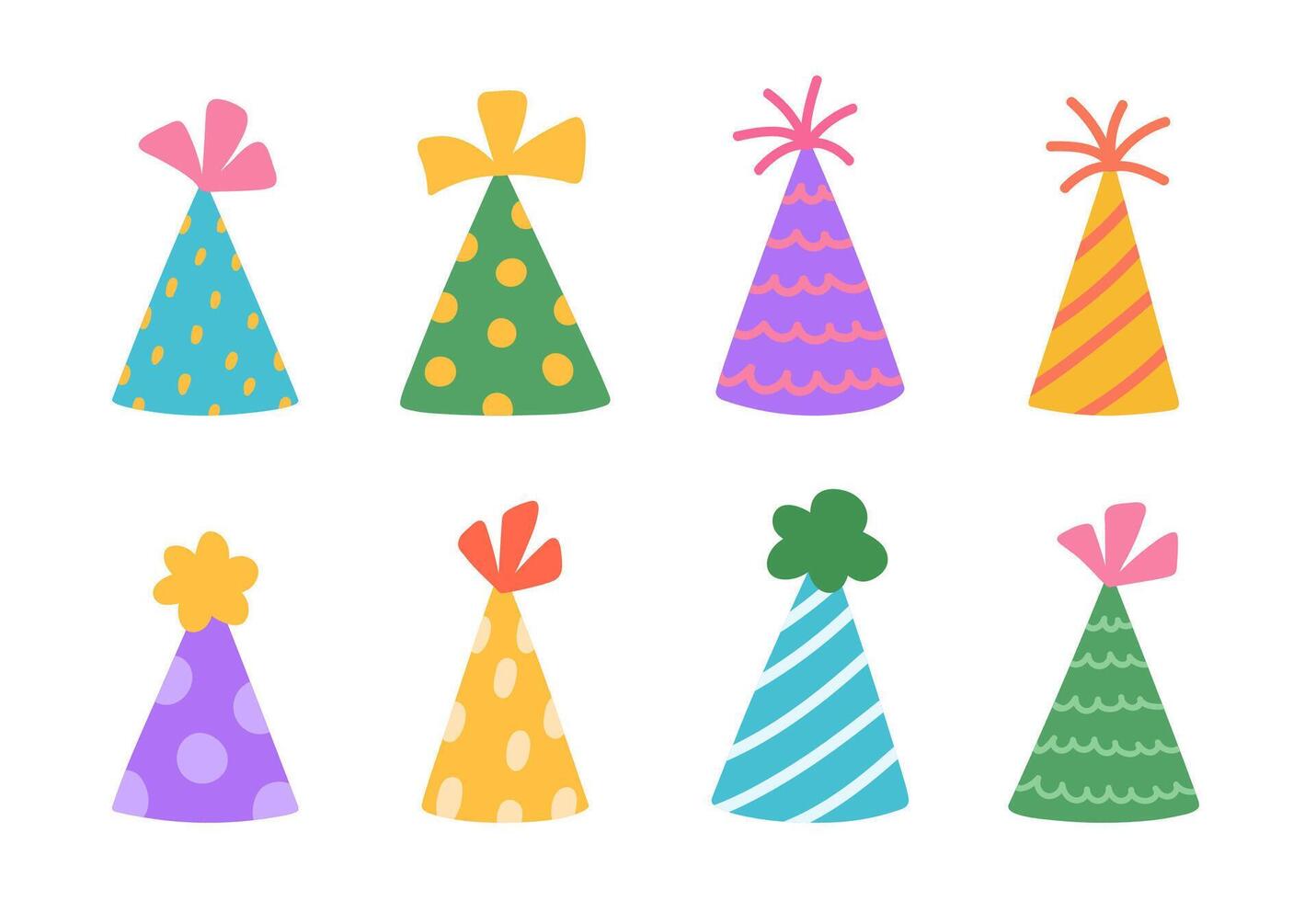 A set of birthday party hats isolated on a white background. hand-drawn illustration in flat style. Perfect for decorations, holiday designs, cards, logo. vector