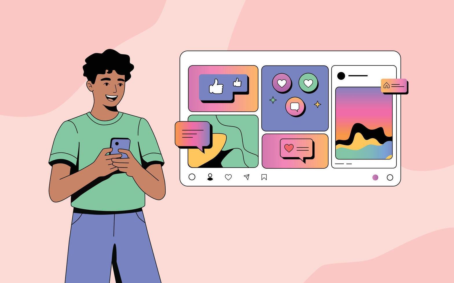 Young user engaging with social media vector