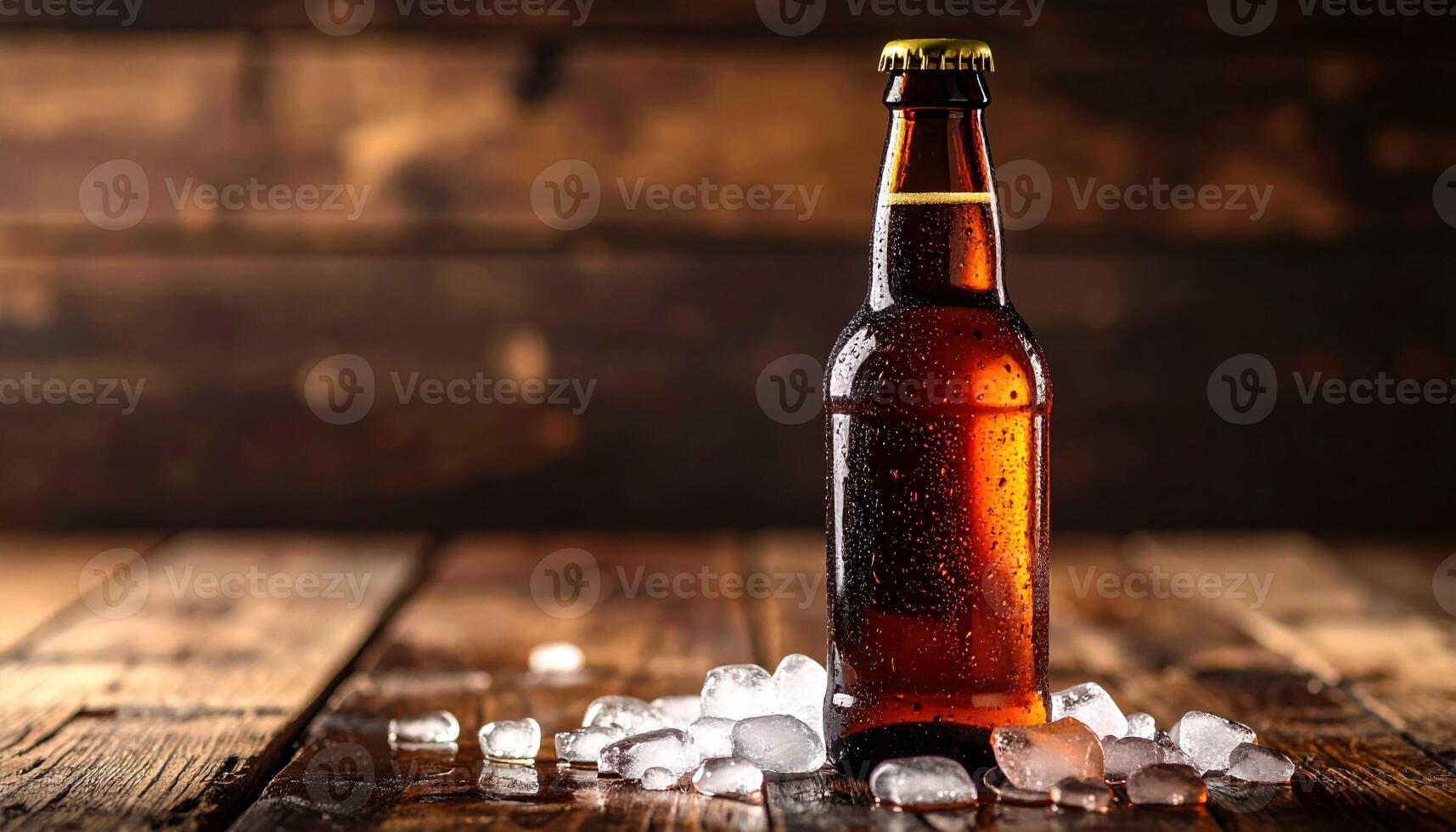 Chilled brown root beer bottle on wooden table with ice cubes photo