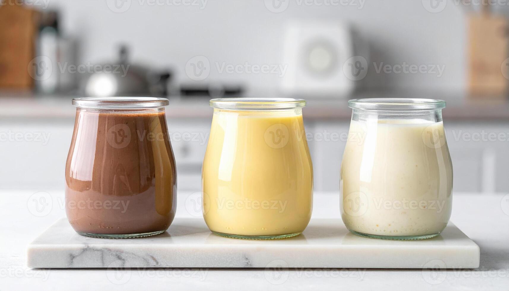 Three types of pudding chocolate, vanilla, and rice are arranged on marble board in cozy kitchen setting photo