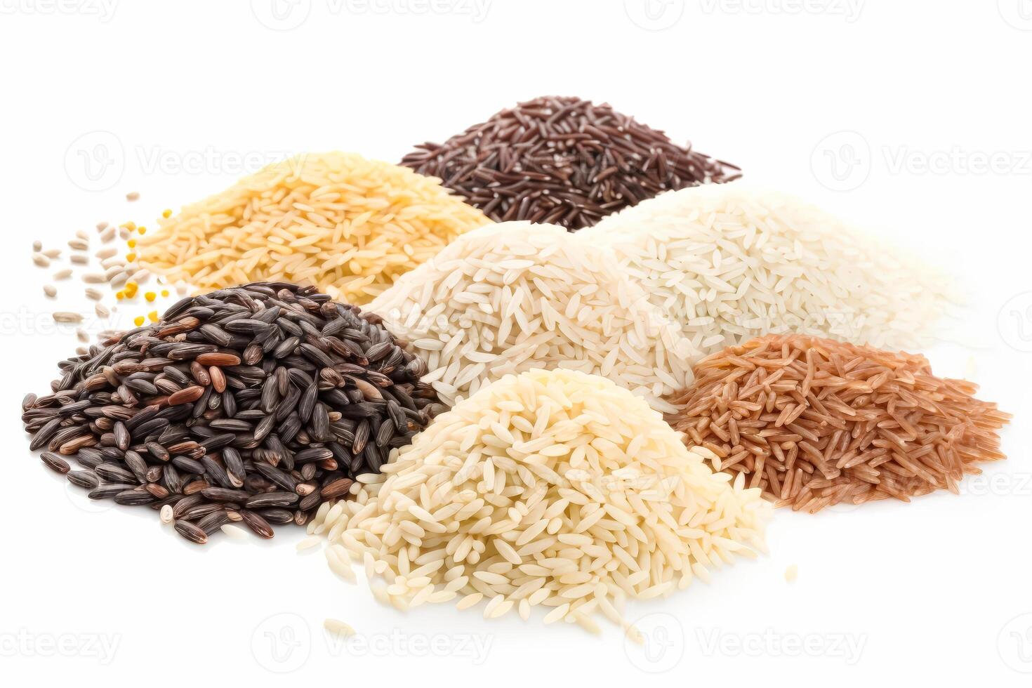 Variety of grains and rice on a white background photo