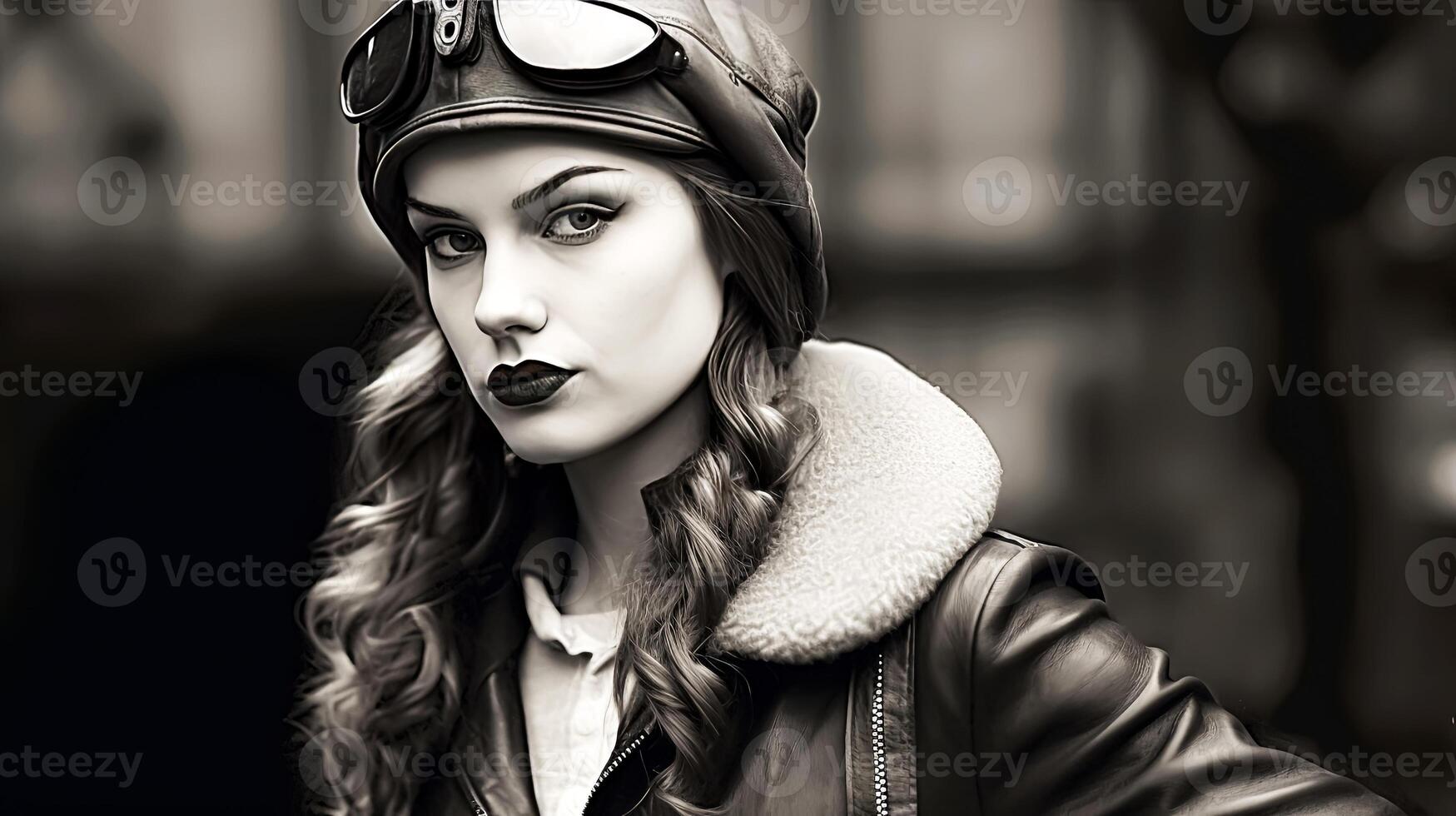 A woman with a red lipstick and a hat is posing for a photo