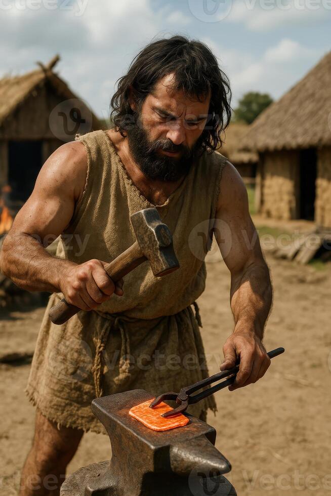 Copper Age blacksmith forging metal in open-air village. photo