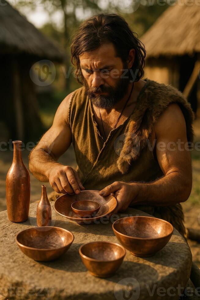 Copper Age man handling handcrafted copper vessels. photo