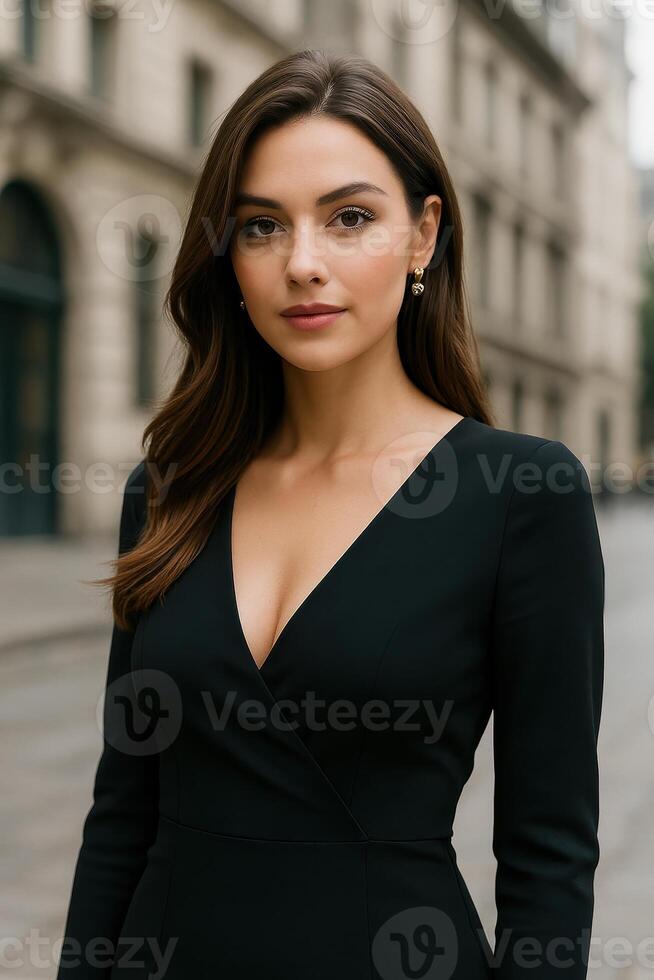 Elegant young woman in black dress on city street. . photo