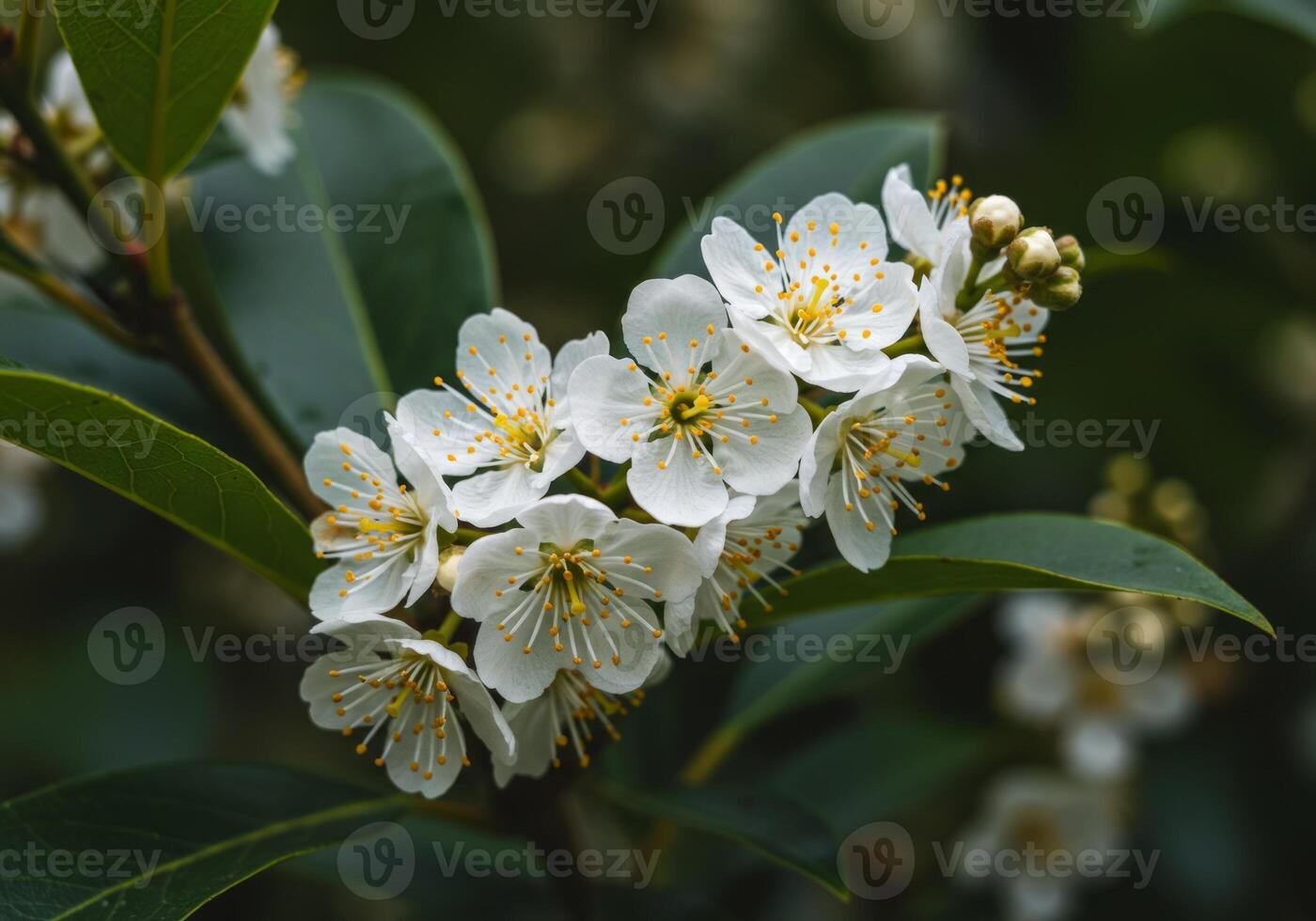 Flowering Branch with White Blossoms and Green Leaves photo
