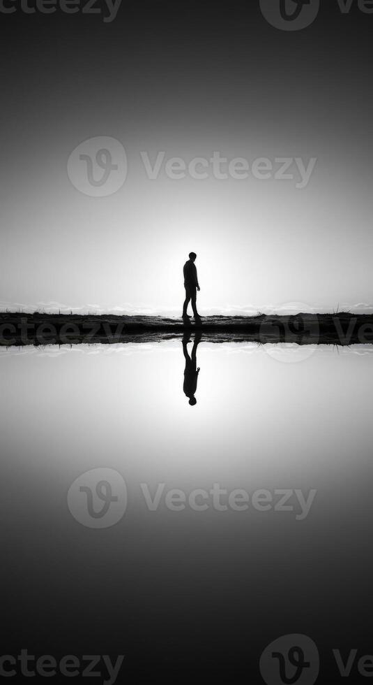 Person Walking Alone Reflecting on Water in Monochrome Dreamscape Image photo