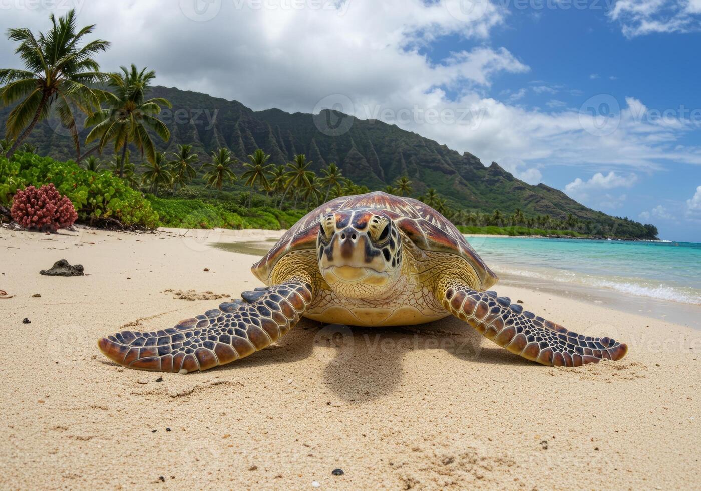 Sea Turtle Resting on Sandy Beach with Tropical Island Background photo