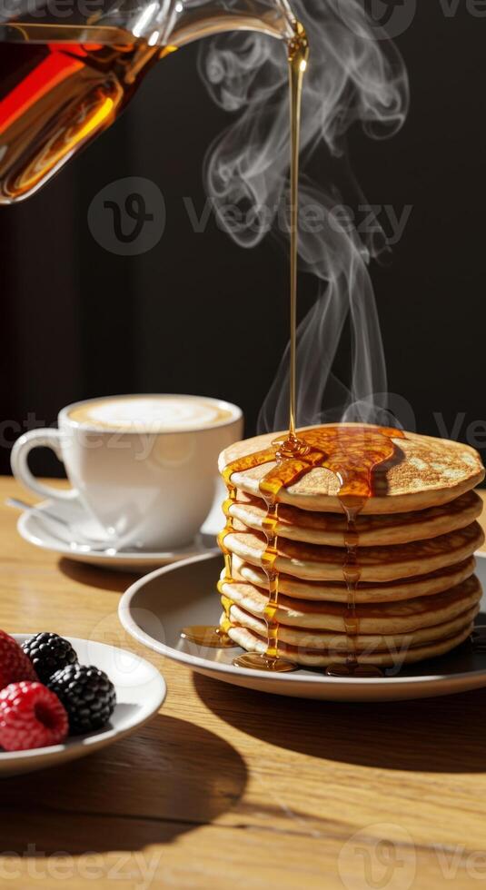 Pouring Sweet Maple Syrup Over Stack of Pancakes with Coffee and Berries photo