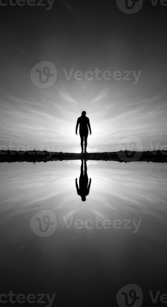 Silhouette Standing Near Water with Reflection at Dawn in Monochrome photo