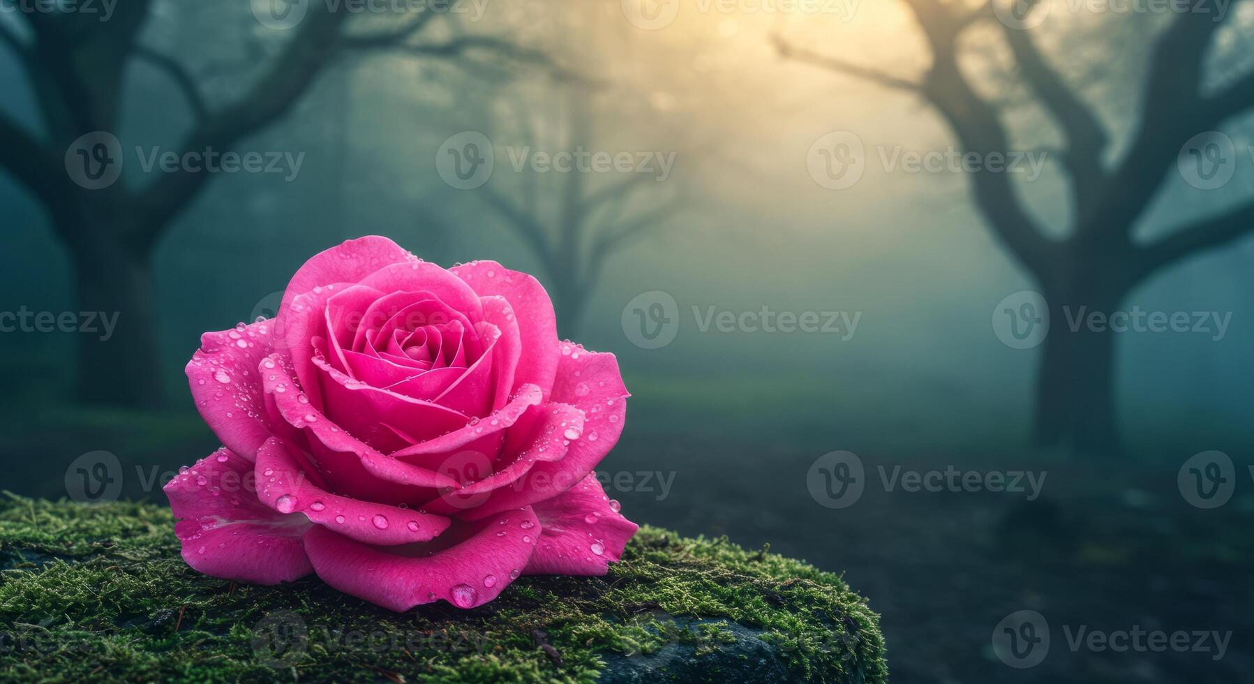 Pink Rose with Water Droplets Resting on Moss in Misty Forest photo