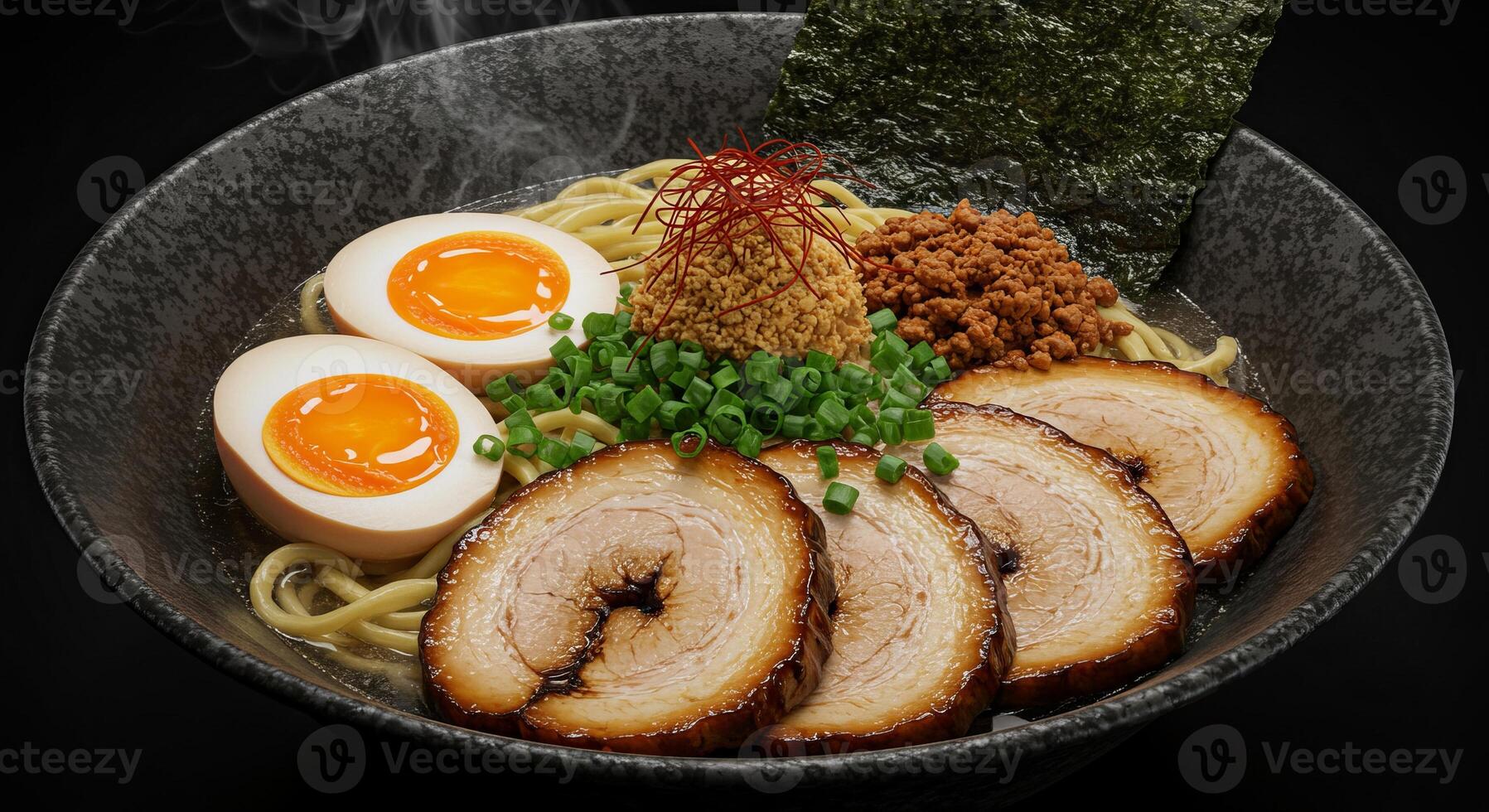 Delicious Ramen Noodle Soup with Pork, Egg and Seaweed in Bowl photo