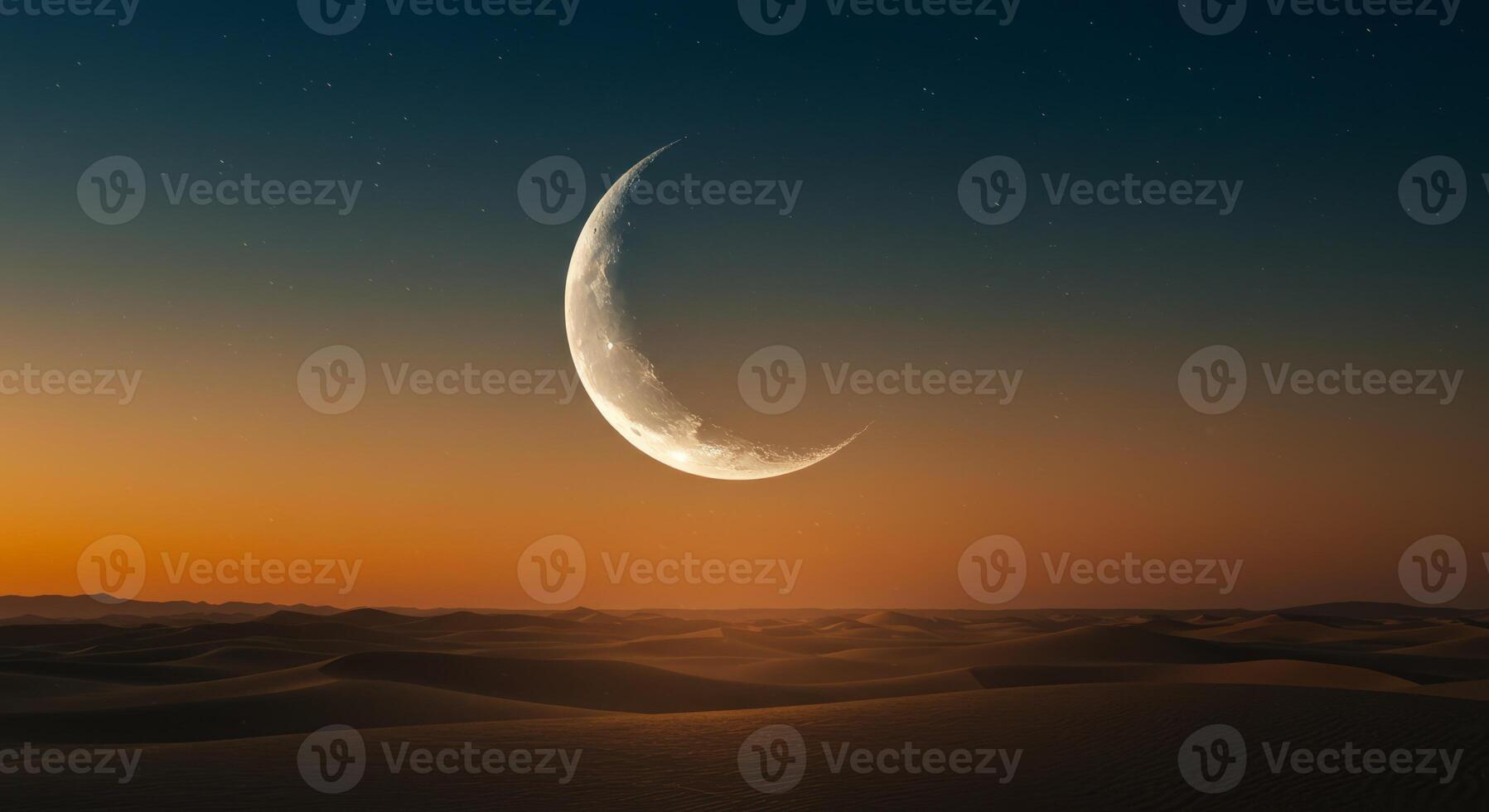 Crescent Moon Over Desert Landscape at Sunset with Starry Night Sky photo