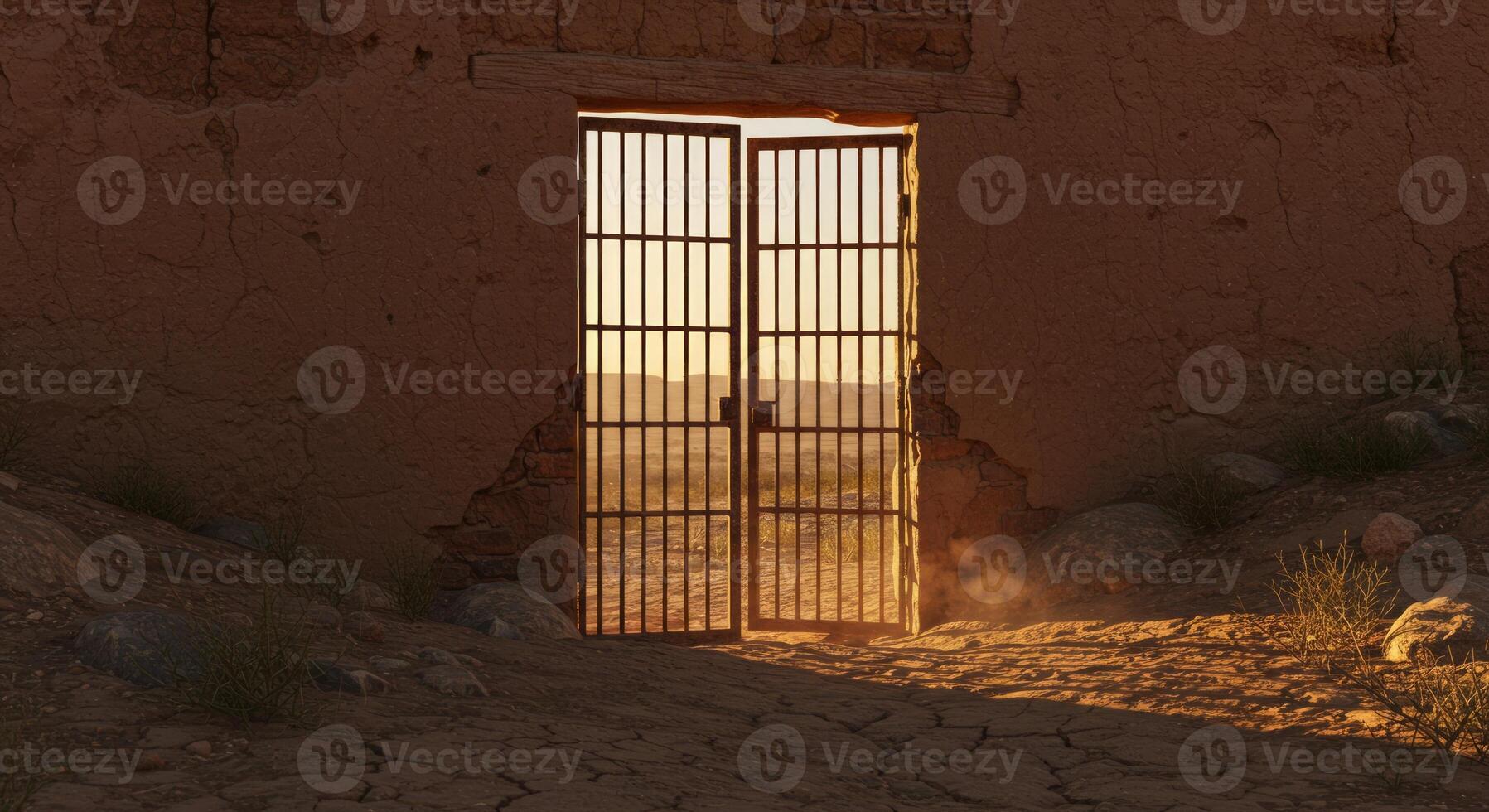 Open Iron Gate in Desert Wall Leading to Sunset Landscape photo