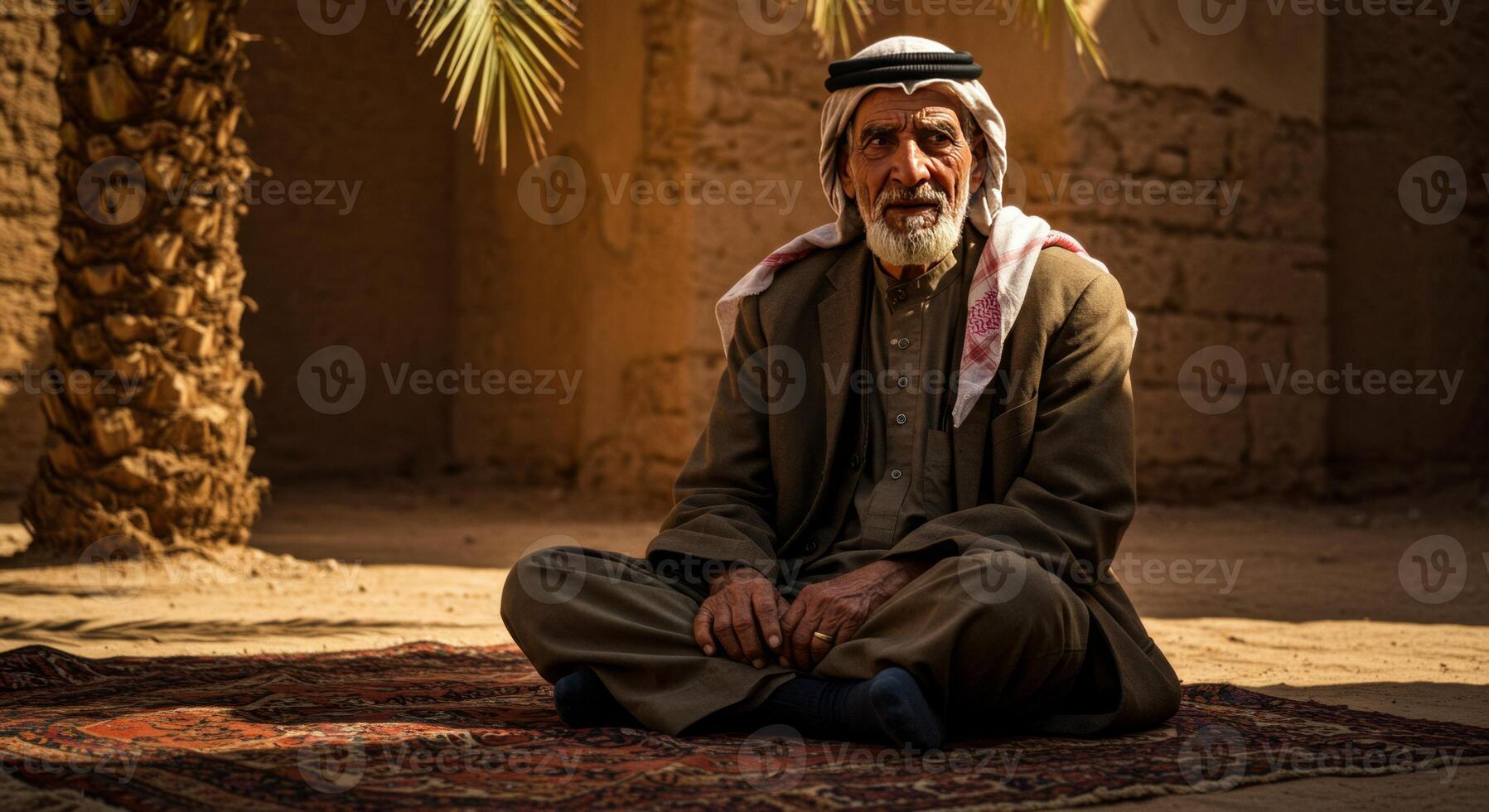 Elderly Arab Man Meditating on Rug in Desert Oasis Setting photo