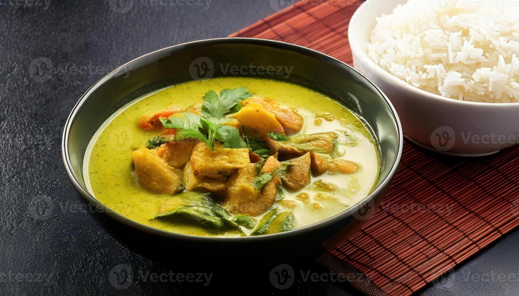 A flavorful Thai green curry made with coconut milk, fresh herbs, and tender vegetables, served with jasmine rice. photo