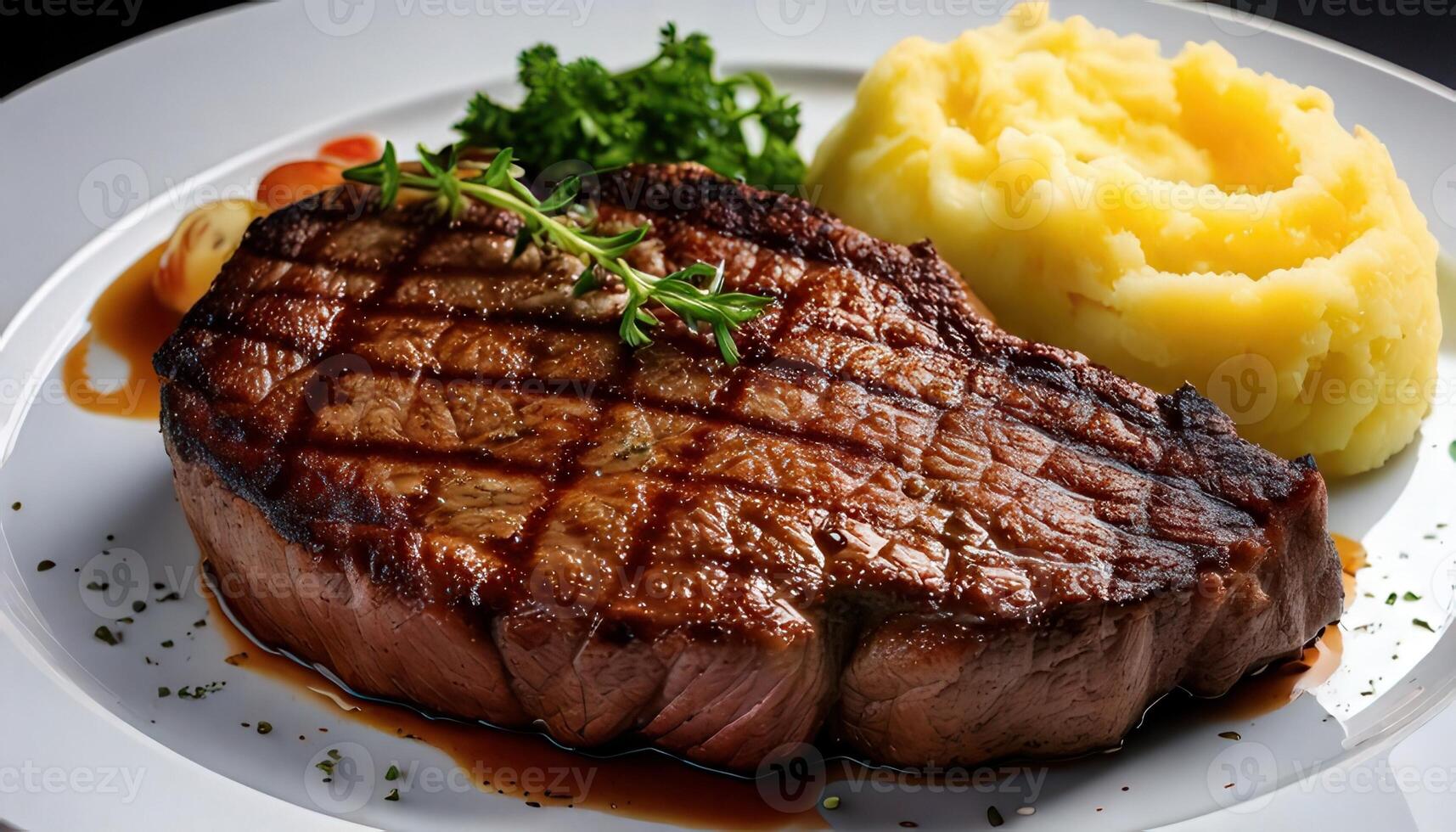 A perfectly seared steak with rich grill marks, drizzled with savory sauce, served alongside creamy mashed potatoes. photo