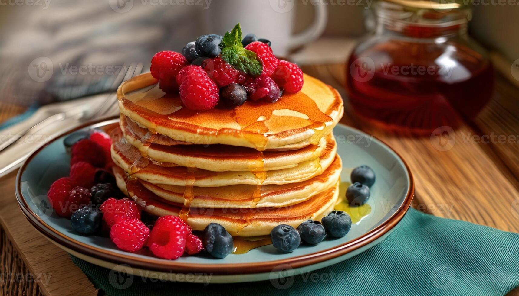 A delicious stack of fluffy pancakes topped with fresh raspberries, blueberries, and maple syrup on a plate. photo