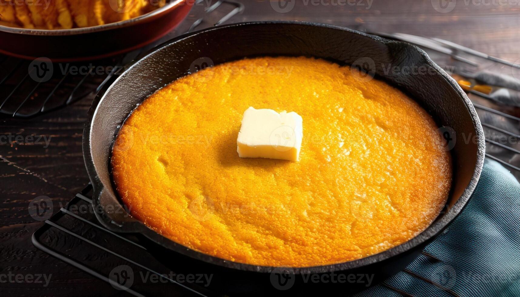 A golden homemade cornbread baked in a cast iron skillet, topped with a pat of melting butter for extra richness. photo