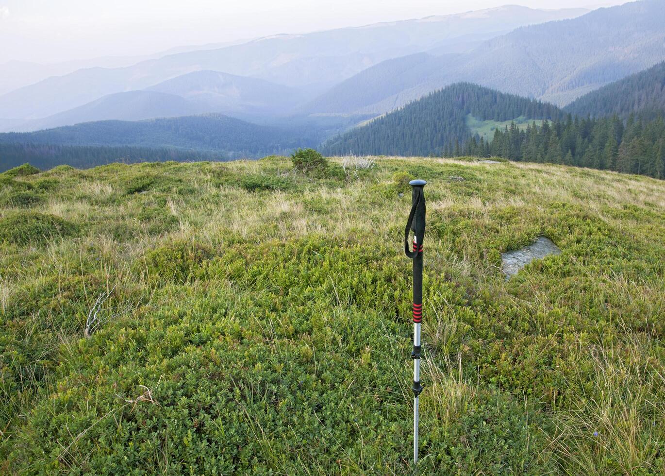 Hiking pole with Carpathian mountains in the background photo