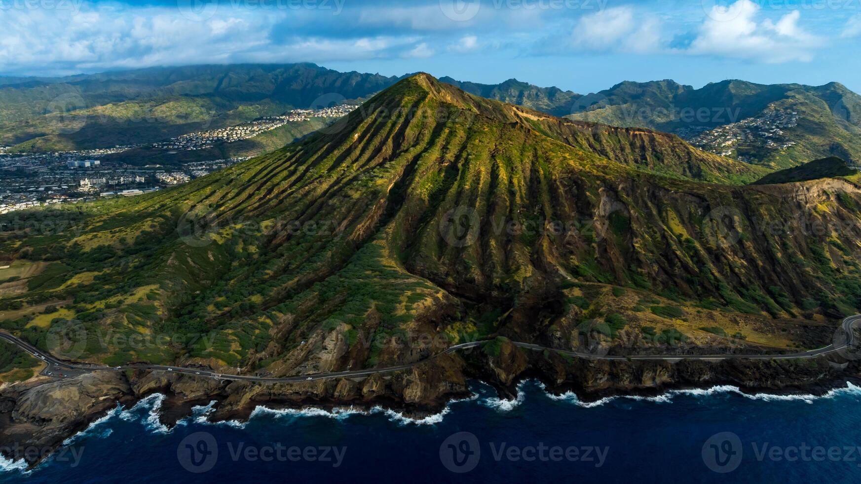 Diamond Head Crater in Honolulu, Hawaii, USA. Stunning slopes of the rugged mountains. Aerial view photo