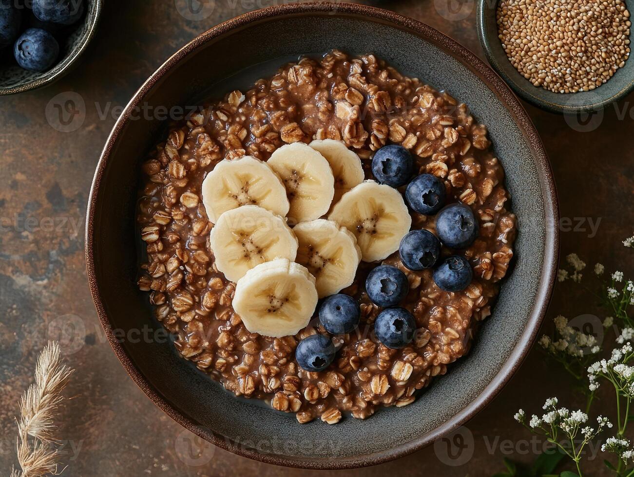 Chocolate Oatmeal with Banana and Blueberries on Dark Rustic Table photo
